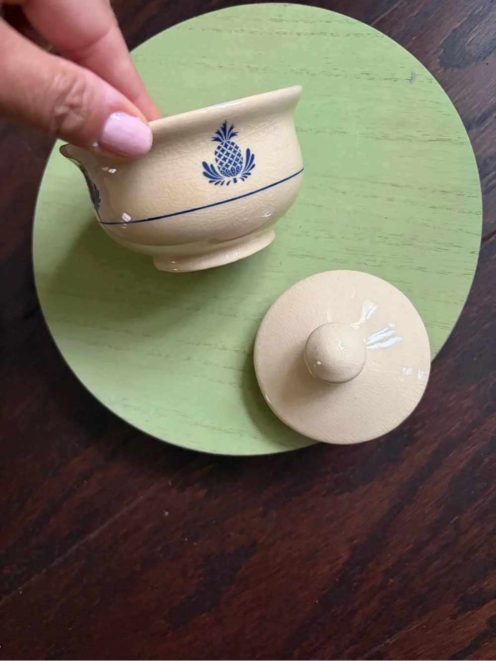 Cream Ceramic Covered Sugar Bowl with Blue Pineapple Motif